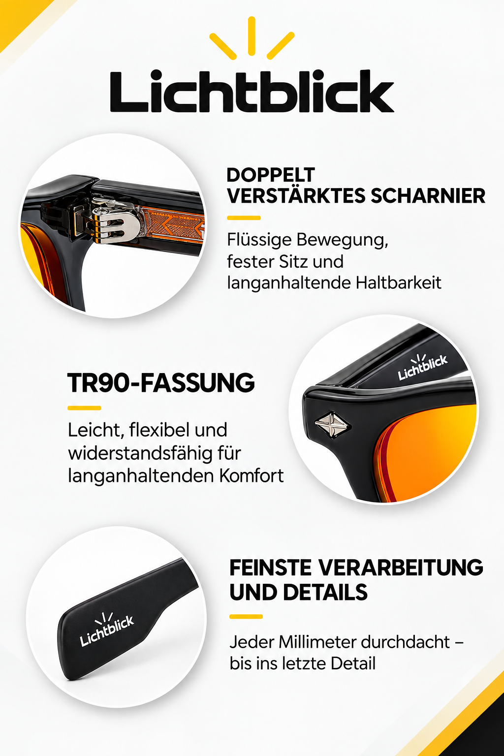 Lichtblick. KLAR / Orange – Nahaufnahmen von Scharnier, TR90-Fassung und Bügel