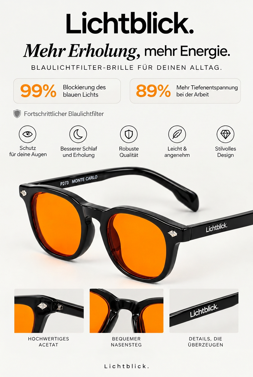 Lichtblick. KLAR / Orange – Produktansicht mit Statistiken und Detailaufnahmen