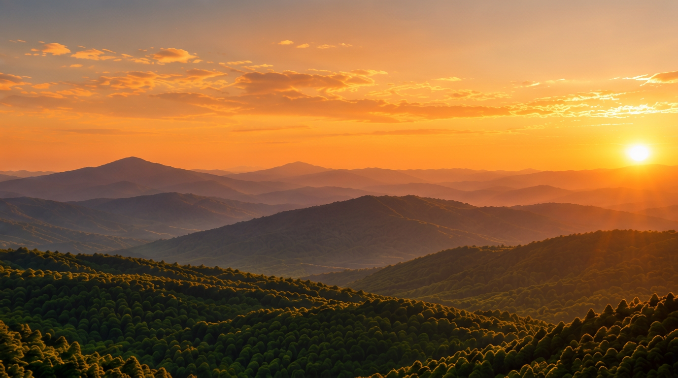 Dieselbe Berglandschaft durch die Orange-Linse in intensivem, orange-goldenem Licht